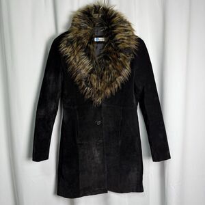 Vintage Y2K B Lucid Black Suede Removable Faux Fur Collar Coat Sz Large